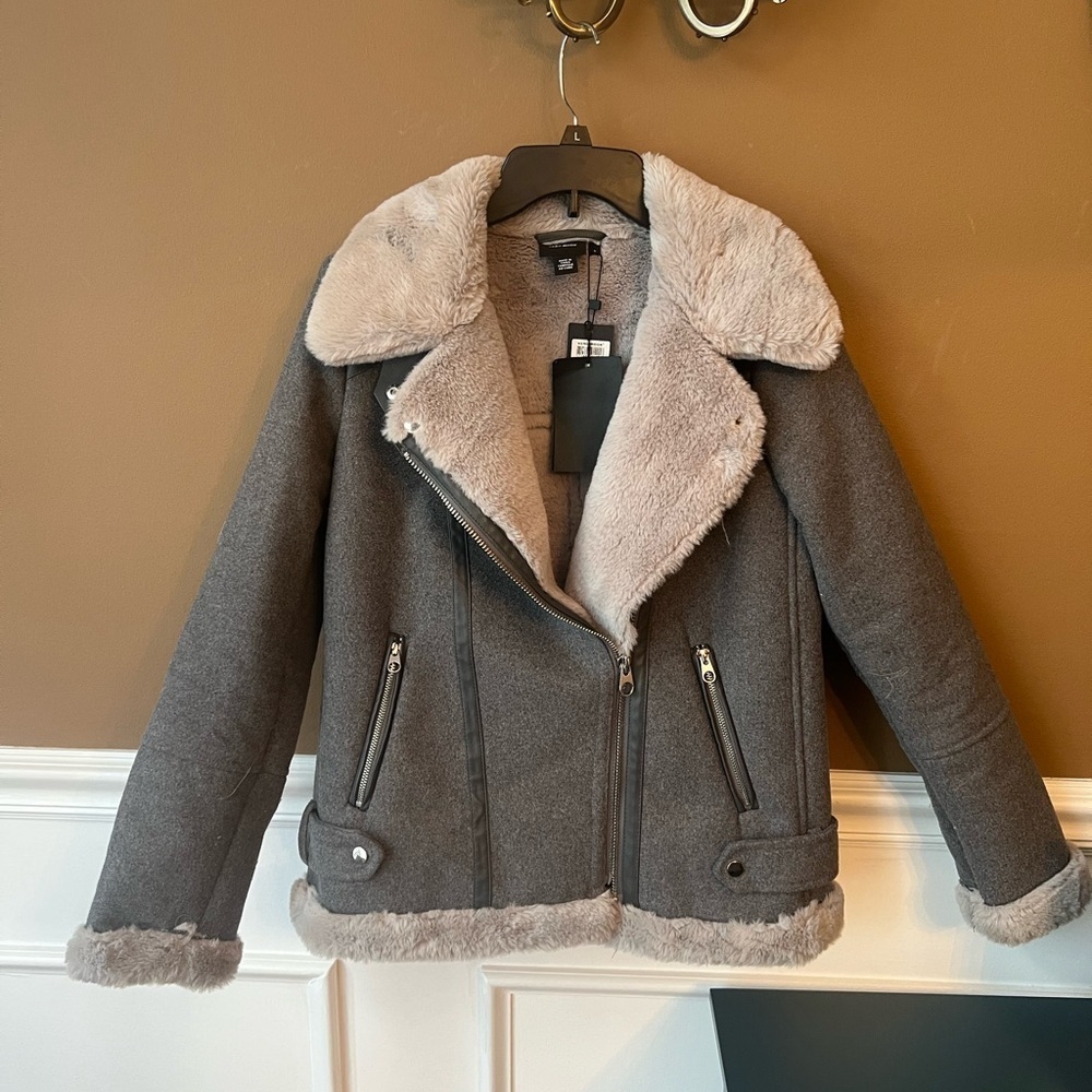 Vero Moda Aviator Jacket in Grey Wool with Faux Fur Trim Size S Brand New - Picture 6 of 11